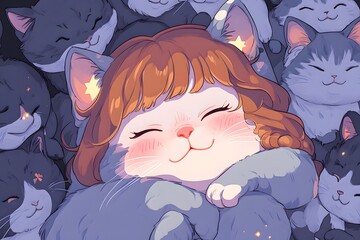Dreamy Cat Nap: Anime girl cuddled in a pile of adorable, sleepy cats - a heartwarming illustration for feline lovers and dreamers. 