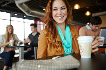 Woman, happy and coffee in cafe with thinking of memory, daydreaming and relax with hot beverage. Customer, person and thoughtful in bistro with smile for inspiration, ideas and reflection on break