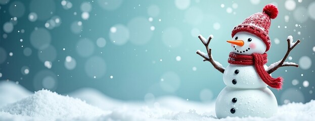 Fototapeta premium Cheerful Snowman with Red Hat Celebrating Winter Against Snowy Teal Background with Copy Space