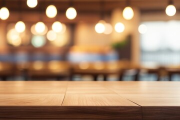 Wooden table top over a blurry cafe