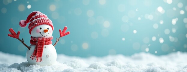 Cheerful snowman with red hat and scarf celebrating winter against snowy blue background with copy space