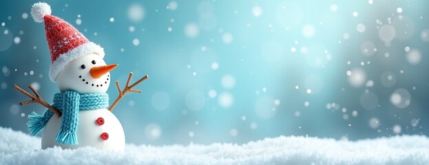 Fototapeta premium Cheerful Snowman with Santa Hat Celebrating Winter Against Snowy Blue Background with Copy Space