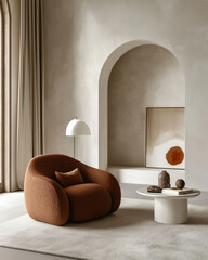 Armchairs near stucco arch wall. Minimalist, japandi interior design of modern living room.