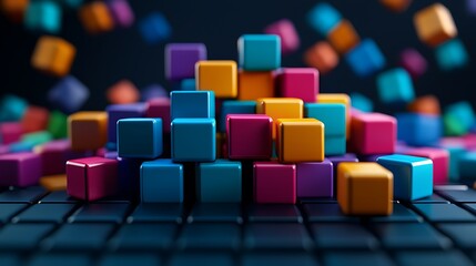 Fototapeta premium A vivid 3D illustration of SWOT analysis, with colorful blocks representing strengths, weaknesses, opportunities, and threats