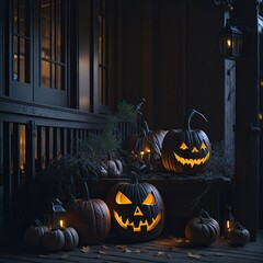 Halloween pumpkins on the porch of a dark house. Night scene.