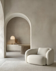 Armchairs near stucco arch wall. Minimalist, japandi interior design of modern living room.