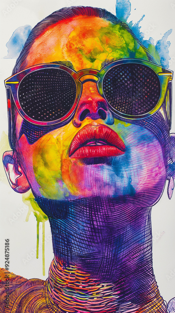 Wall mural brightly colored portrait of a woman with sunglasses and a colorful tie dye