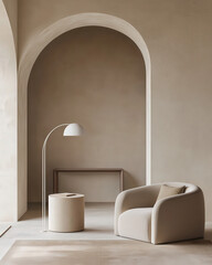 Armchairs near stucco arch wall. Minimalist, japandi interior design of modern living room.