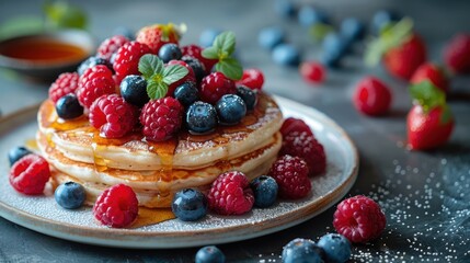 Delicious Stack of Pancakes Topped with Fresh Berries and Syrup