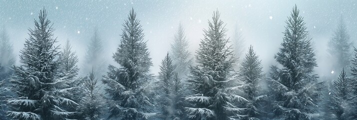 An enchanting view of snow-covered pine trees standing tall in a vast wintry forest with gentle snowflakes falling around the landscape.