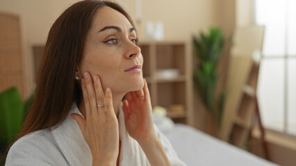 Woman in spa wearing bathroom robe touching her face in a well-lit wellness center room with natural decor.