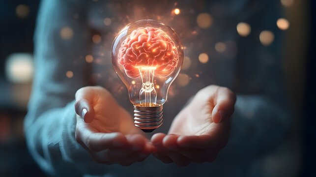 Innovative Hands Holding Illuminated Brain Symbolizing Marketing and Business Creativity
