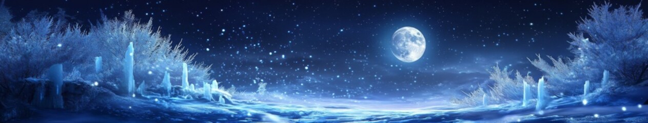 Fototapeta premium Winter's Enchantment: Anime-Style Silver Moonlight Bestowing Life on Ice Sculptures, Gently Swaying in the Night Breeze,Perfect for Gaming Art and Storybook Illustrations in 4K
