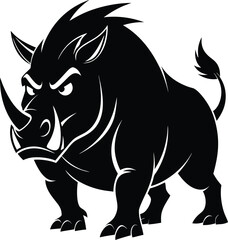 Powerful Angry Rhino Vector Silhouette | Black Illustration, This dynamic illustration captures the intensity and strength of a wild rhino, ideal for various creative projects.