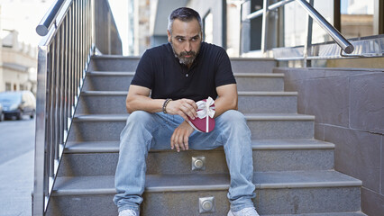 A mature hispanic man with a beard and grey hair sitting on urban steps outdoors holding a red heart-shaped box, looking disappointed.