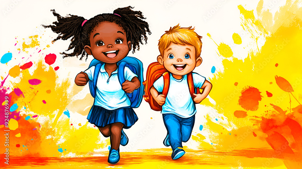 Wall mural happy diverse junior girl and boy with backpacks running to school on a yellow background. watercolo