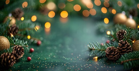 Fototapeta premium Christmas Decorations with Pine Cones and Lights