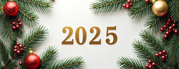Festive 2025 New Year greeting in gold with Christmas decorations against white background with copy space