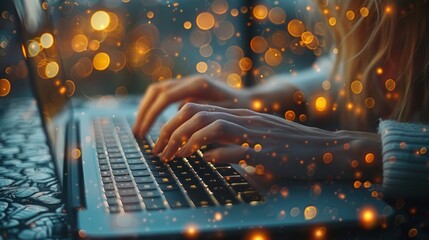 Woman Typing on Laptop with Bokeh Lights