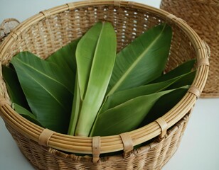 Obraz premium Banana leaves in bamboo basket on white background. Ai generated image.