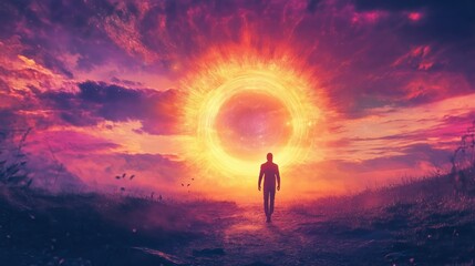 Silhouette of a Man Walking Towards a Glowing Portal in a Dramatic Sunset Sky
