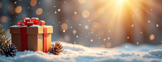 Festive Gift Box with Red Ribbon Glowing in Snowy Winter Scene