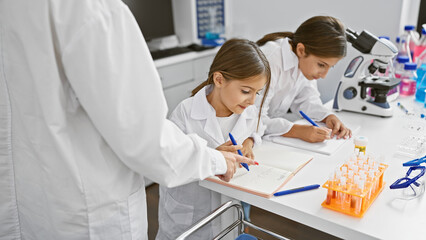 Two young girls in lab coats taking notes in a science laboratory with microscopes and test tubes.