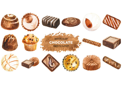 Vector watercolor painted chocolate clipart Hand drawn design elements isolated on white background