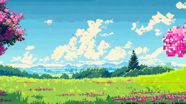 Pixel art background meadow with flowers and trees sky clouds mountains