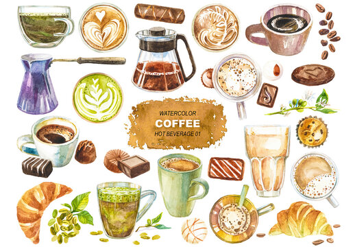 Vector watercolor painted coffee clipart. Hand drawn design elements isolated on white background.