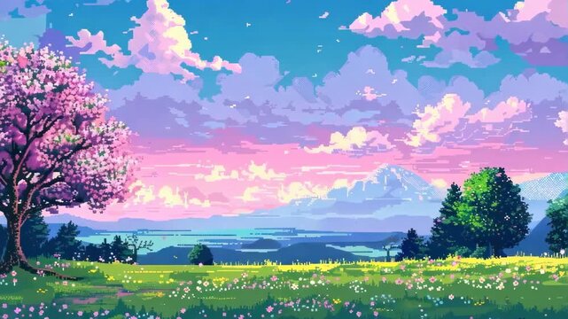 Pixel art background meadow with flowers and trees sky clouds mountains