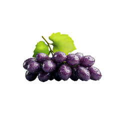 A bunch of grapes with water droplets, hyperrealistic, vibrant purple, isolated on white background. 