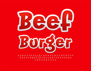 Vector advertising banner Beef Burger. Funny Red Font. Creative Alphabet Letters and Numbers set.