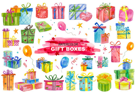 Watercolor painted collection of gift boxes. Hand drawn holiday design elements isolated on white background.