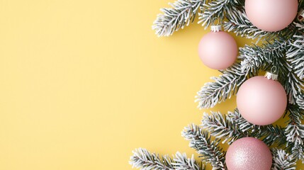 Elegant Christmas garland with pastel pink baubles and frosted greenery framing a pastel yellow background