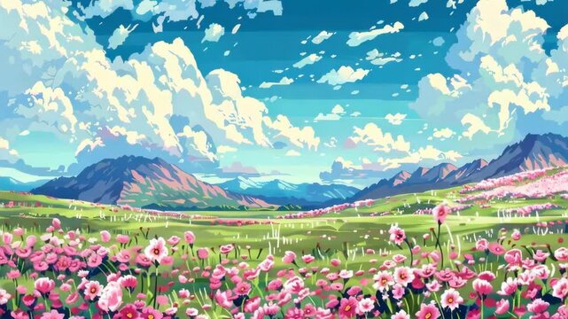 Pixel art background meadow with flowers and trees sky clouds mountains