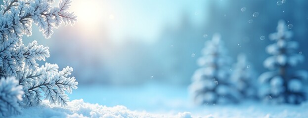 Frosty pine branches with serene snowy landscape against blurred winter background with copy space