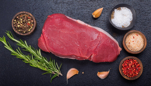 top view shot of a raw italian tagliata, beaf steak., on a wooden chopboard with rosemary and salt with a bottle of olive oil and pink pepper. ai generated