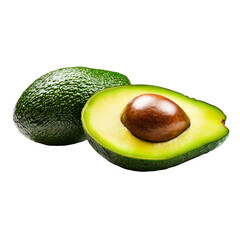 A ripe avocado split open, hyperrealistic, creamy green and brown, isolated on white background. 