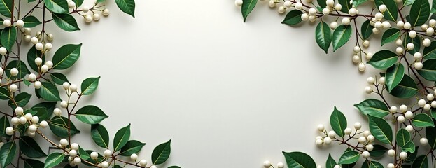 Fototapeta premium Green leaves and white berries elegant frame with copy space against white background
