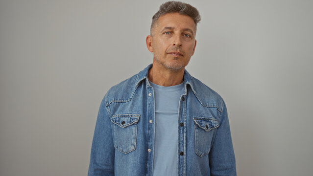 Handsome middle-aged man in denim shirt and blue t-shirt posing isolated against a white wall background