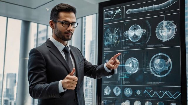 Businessman pointing at his presentation on the futuring
