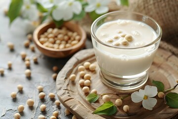 Soy Milk in Glass with Soybeans and Flowers.