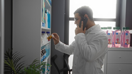 Fototapeta premium Young man in a pharmacy, wearing a white lab coat, talking on the phone while selecting medicine from the shelf, surrounded by various pharmaceutical products in a modern store interior