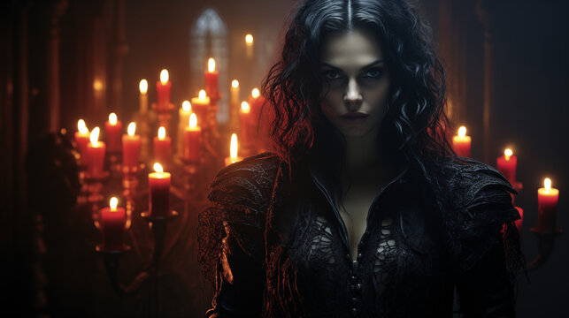 Gothic Woman In Black Medieval Armor In Candlelit Chamber With Red Candles