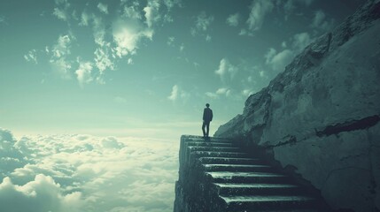 Conceptual business man climbing up a stair over clouds sky background.