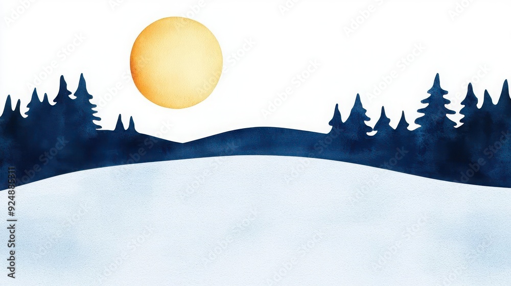 Wall mural Watercolor painting of a winter landscape with a blue silhouette of a forest and a yellow sun.