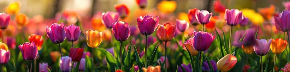 Obraz premium Tulips Field. Spring Landscape of Colorful Tulips in Panoramic View