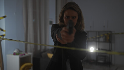 Intense woman aiming a gun in a dimly lit crime scene room cordoned off with caution tape