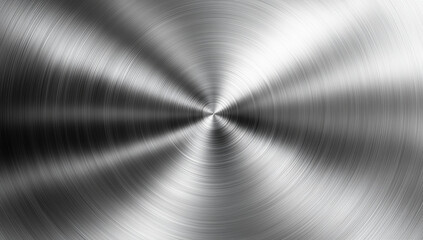 Abstract close-up of a brushed metal surface with a circular, radial pattern in black and white. Industrial texture for design